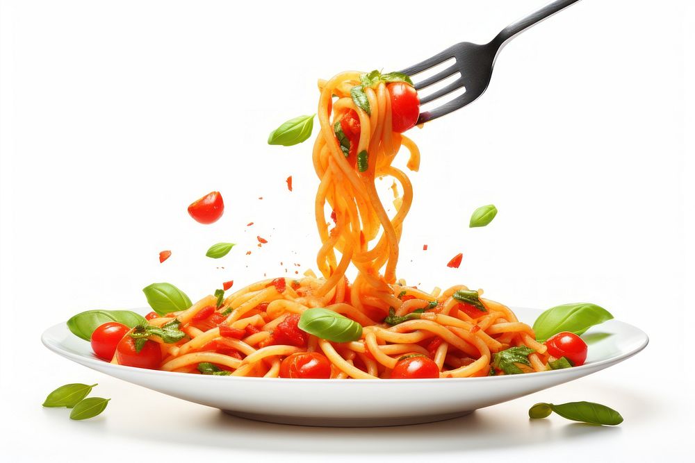 Pasta with tomatoes fork spaghetti noodle.