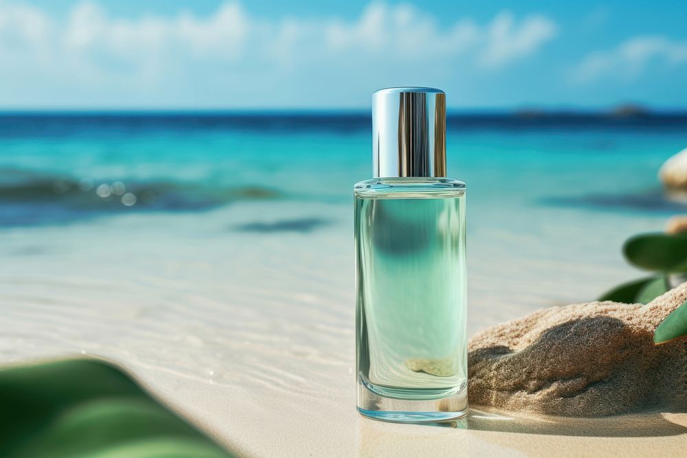 Cosmetic bottle put on beach with sea water cosmetics outdoors perfume.