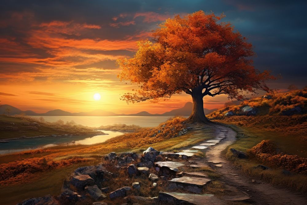 Photo of autumn landscape sunset sunlight.