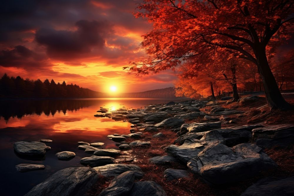Photo of autumn landscape sunset outdoors.