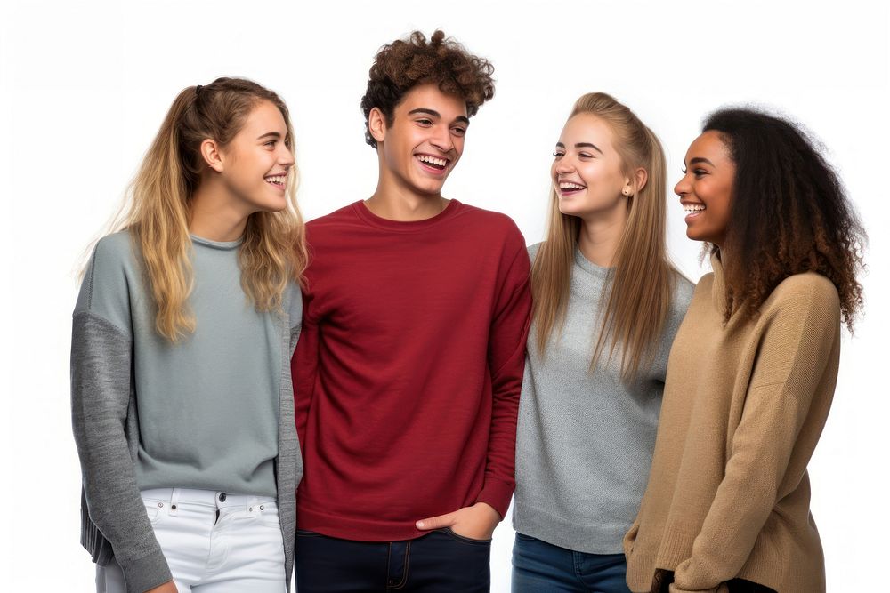 Group of four young laughing standing sleeve.