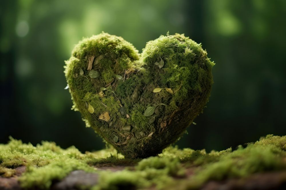 Green planet Earth in shape of heart plant moss tranquility.