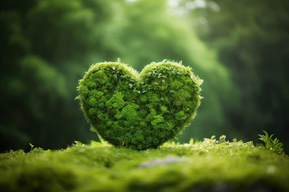 Green planet Earth in shape of heart plant moss tranquility.