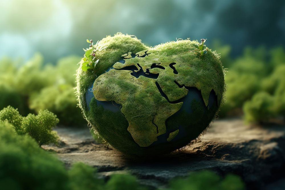 Green planet Earth in shape of heart outdoors nature sphere.
