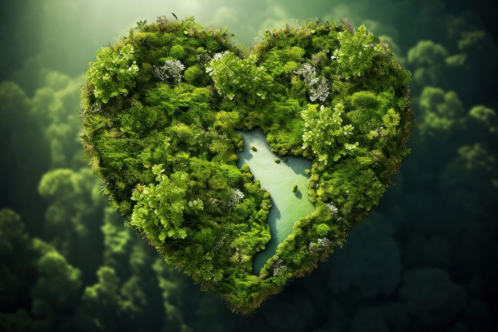 Green planet Earth in shape of heart outdoors nature forest.