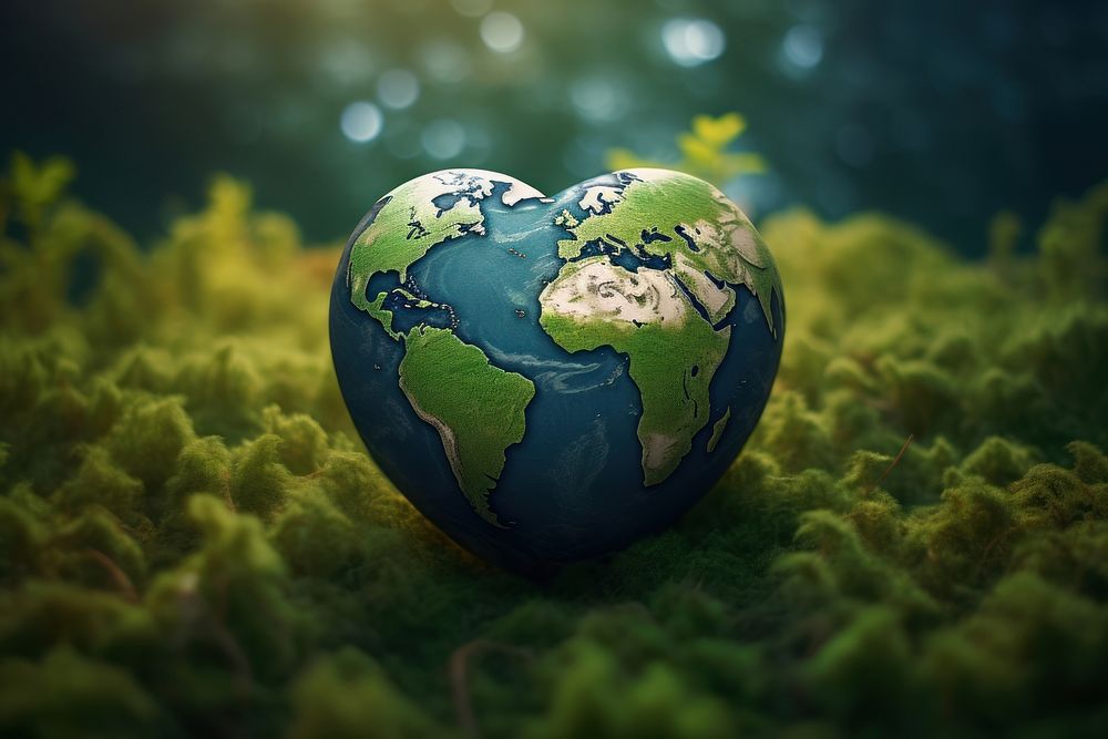 Green planet Earth in shape of heart sphere earth space.