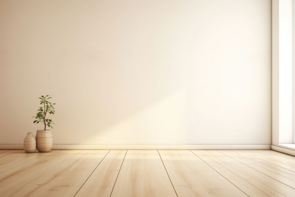 Light cream wall in an empty room with a wooden floor architecture flooring building.