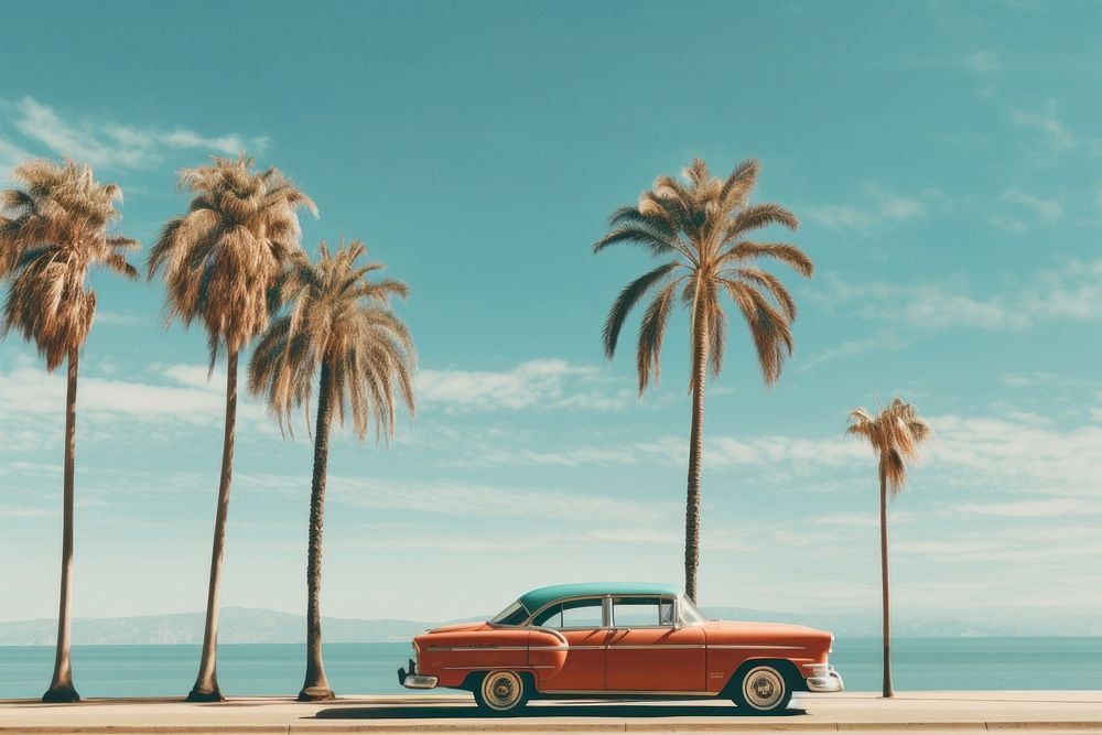 Palm trees car outdoors horizon.