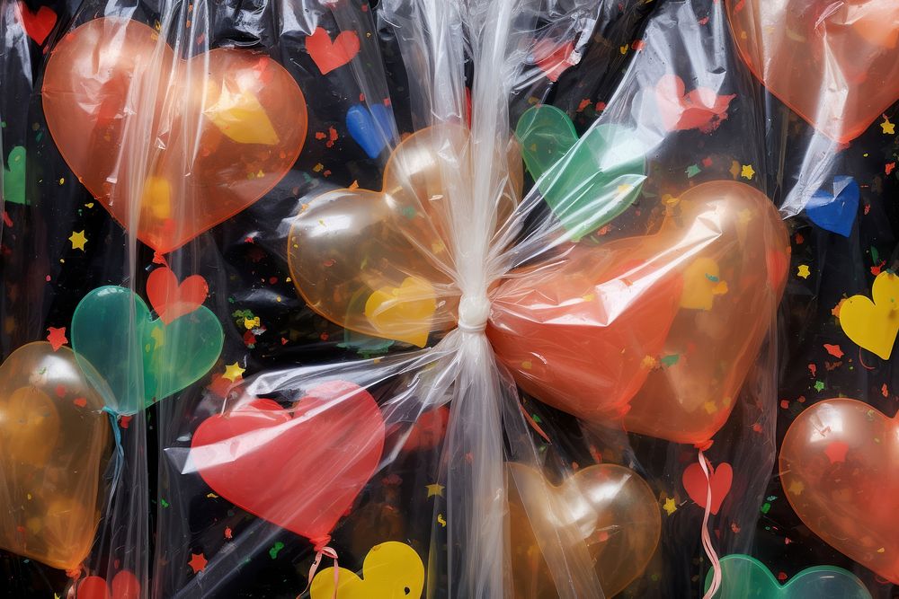 Plastic wrap with heart patterns backgrounds balloon confectionery.