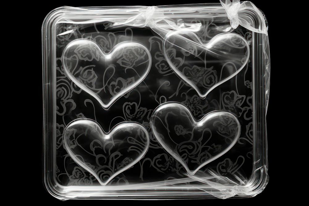 Plastic wrap with heart patterns black background transparent monochrome.