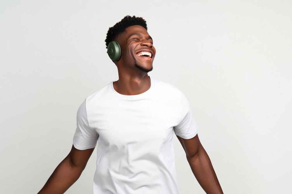 Happy young man headphones laughing headset.