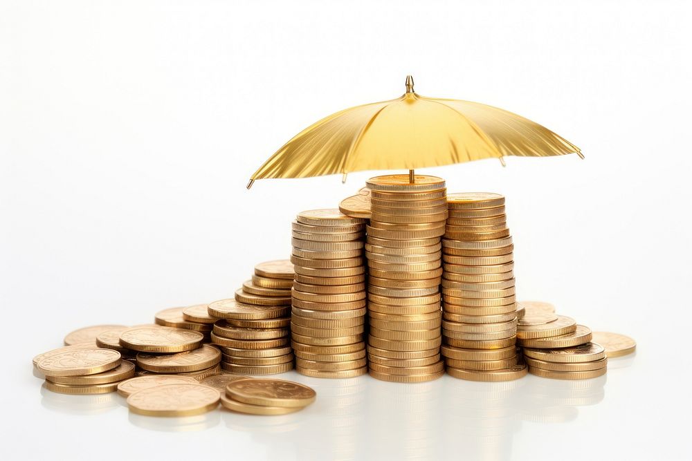 Umbrella covering stack of coins umbrella money investment.