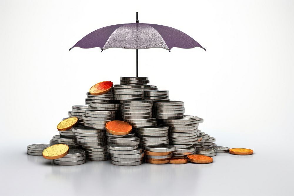 Umbrella covering stack of coins umbrella money investment.