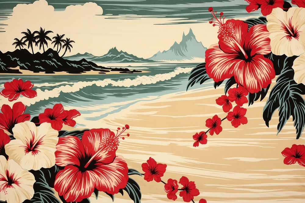 Vintage Hawaiian hibiscus pattern flower plant.