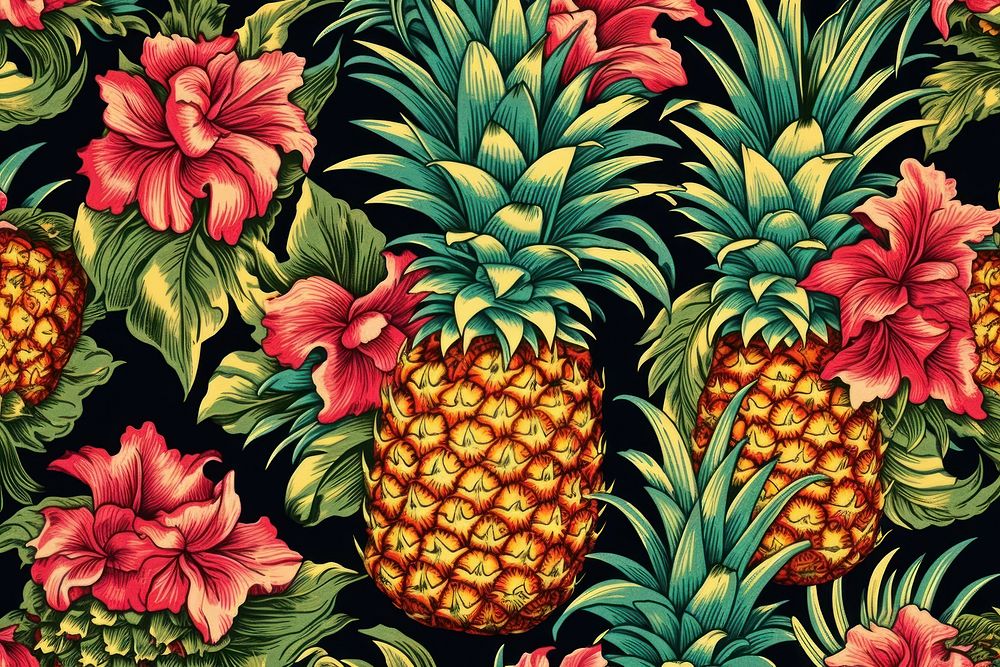 Vintage Hawaiian pineapples pattern plant fruit.