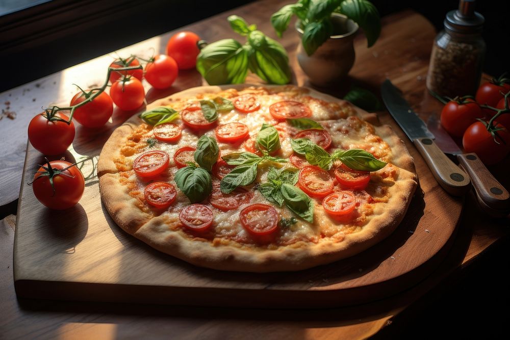 Pizza tomato basil table.