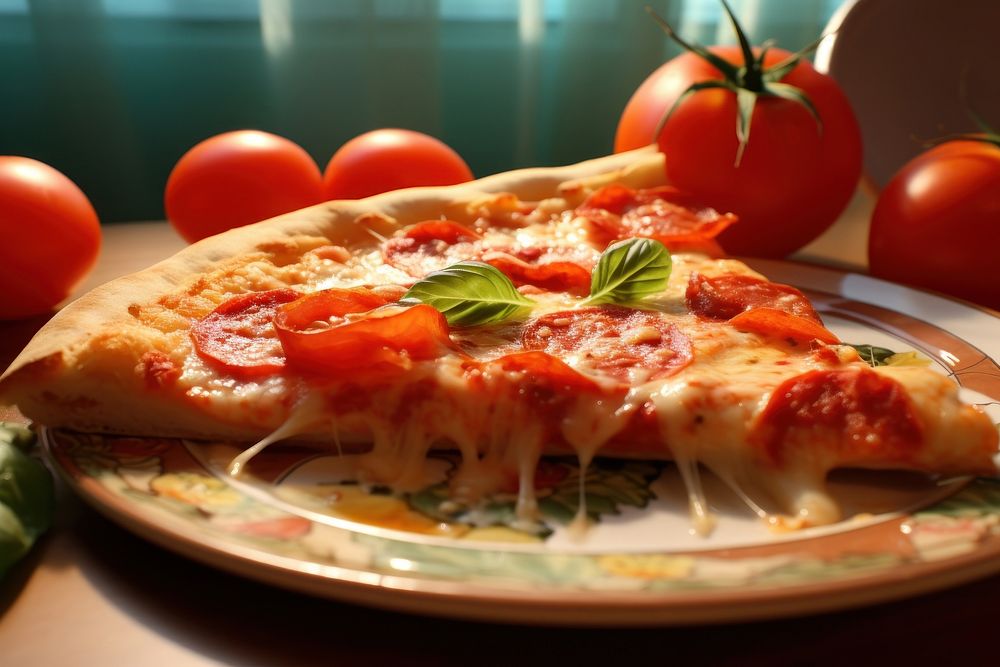 Pizza slice tomato plate food.