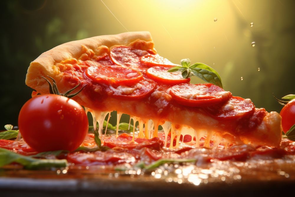 Pizza slice tomato food pepperoni.