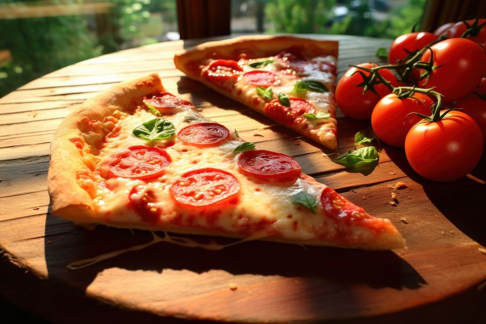 Pizza slice tomato food mozzarella.