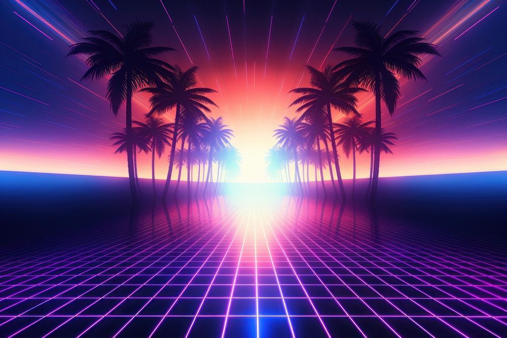 Retrowave sun and palm trees backgrounds nature purple.
