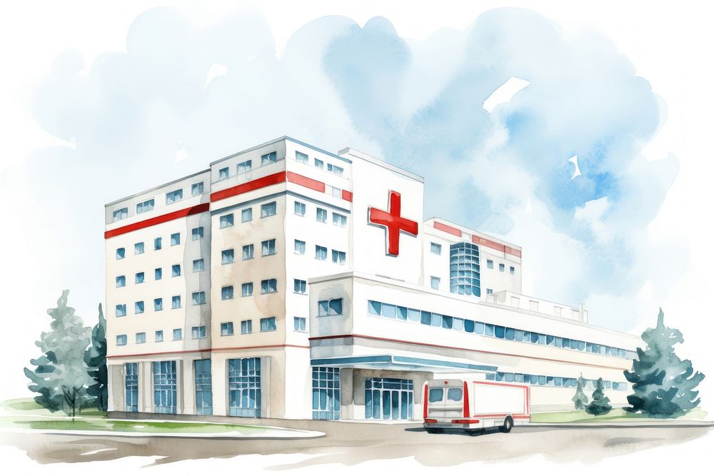 Watercolor hospital architecture building vehicle.