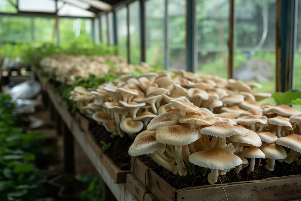 Mushroom cultivation greenhouse outdoors nature fungus.