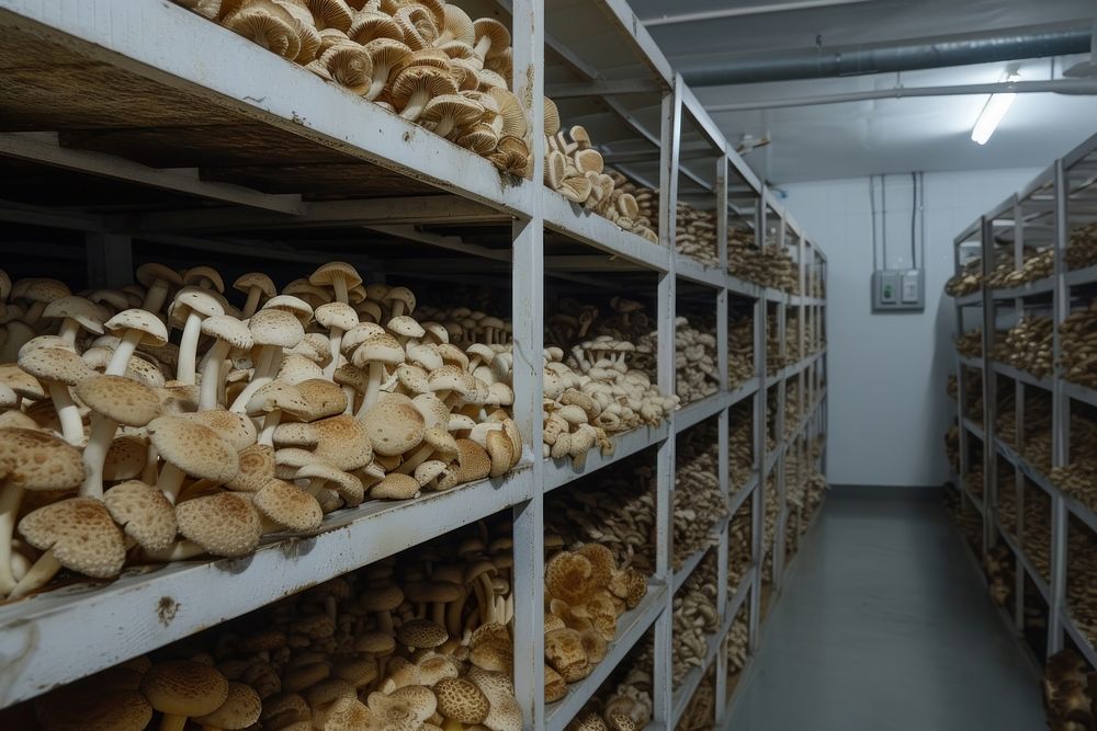 Mushroom cultivation factory bakery architecture arrangement.