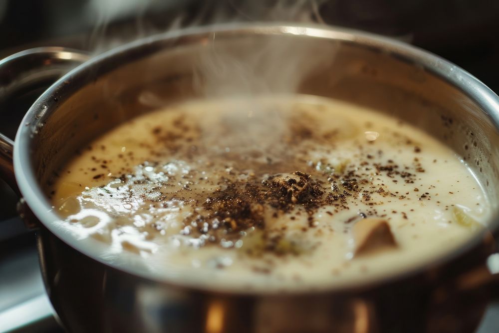 Truffle mushroom soup boiling dish food.