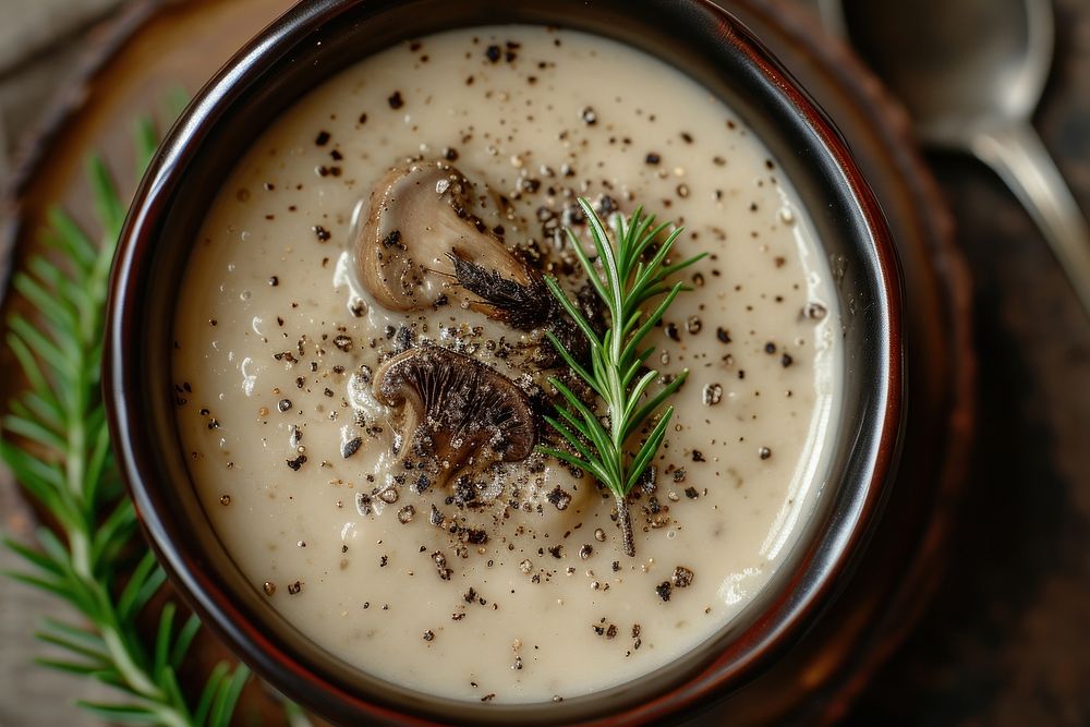Truffle mushroom soup food meal dish.