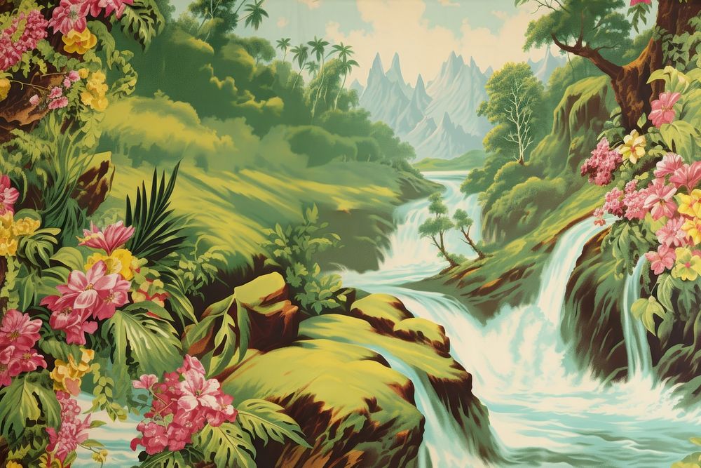 Hawaiian vintage color vegetation outdoors painting.