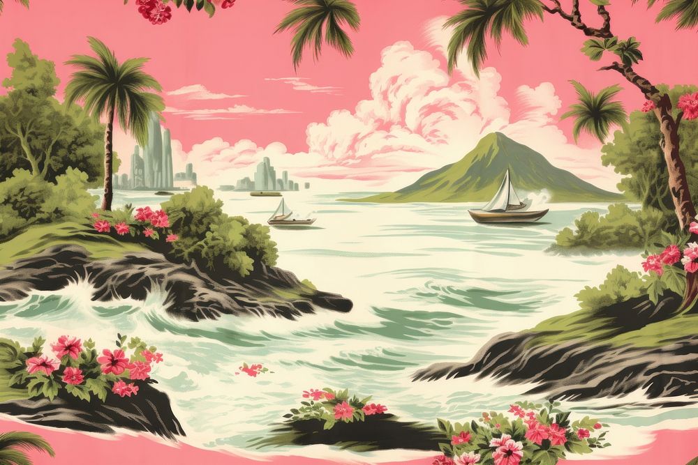 Hawaiian watermelon vintage color sea outdoors painting.