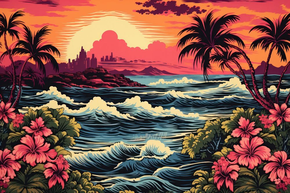 Hawaiian haven vintage color sea outdoors painting.