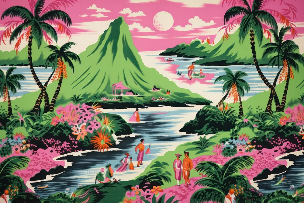 Hawaiian island with people outdoors painting pattern.
