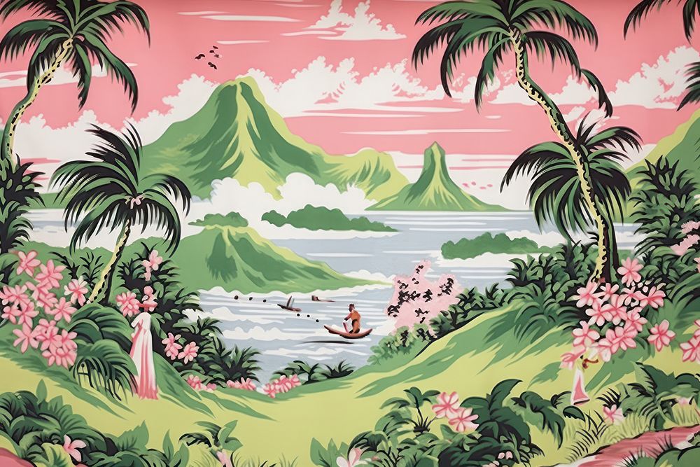 Hawaiian island with people outdoors painting pattern.