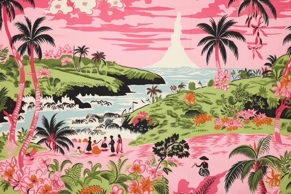 Hawaiian island with people outdoors painting pattern.