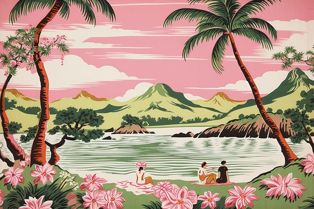 Hawaiian island with people outdoors painting nature.