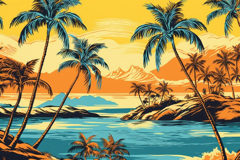Hawaiian palm trees sea landscape outdoors.