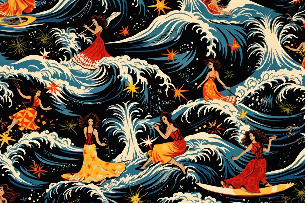 Hawaiian people surfing pattern art sea.