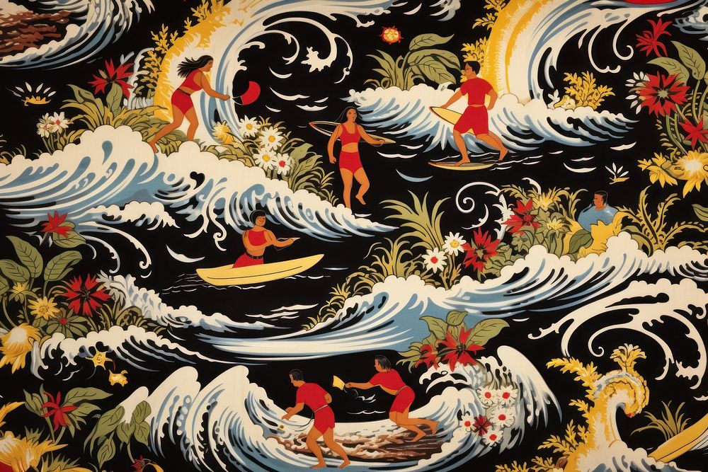 Hawaiian people surfing pattern tapestry art.