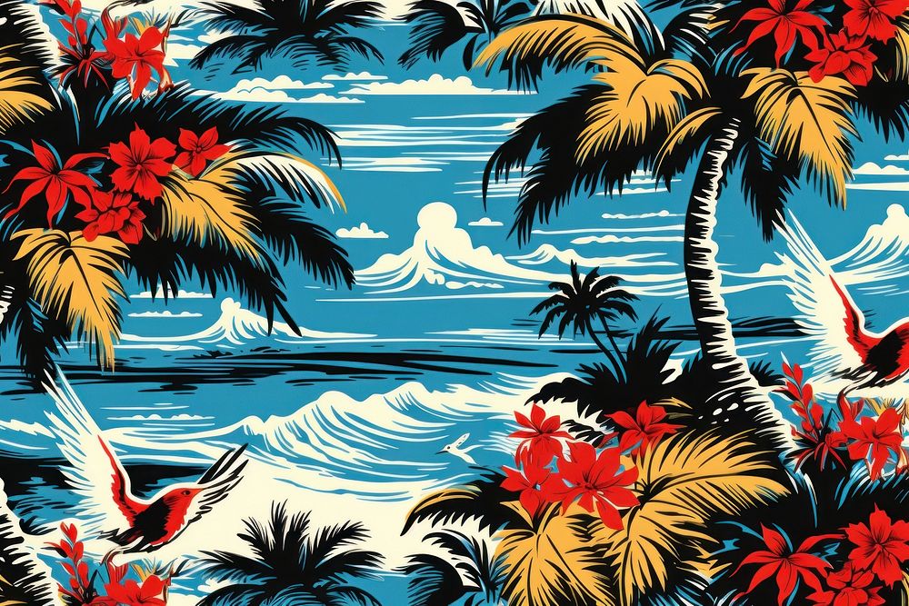 Hawaiian seagulls and palm trees wave pattern outdoors nature.