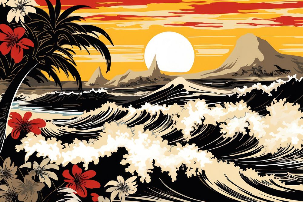 Hawaiian seagulls and palm trees wave outdoors pattern scenery.