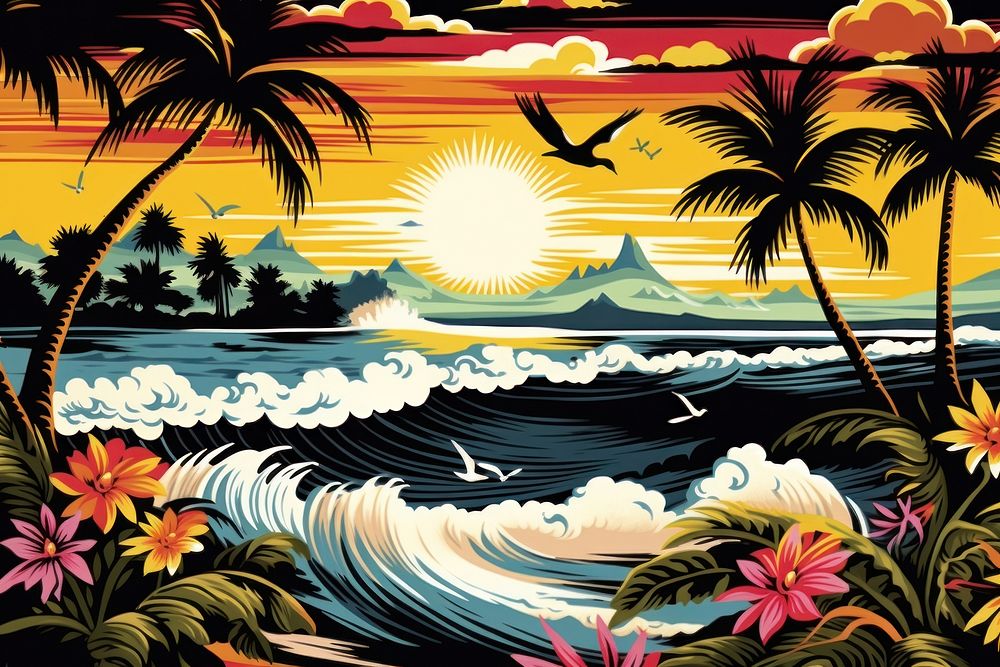 Hawaiian seagulls and palm trees wave outdoors nature ocean.