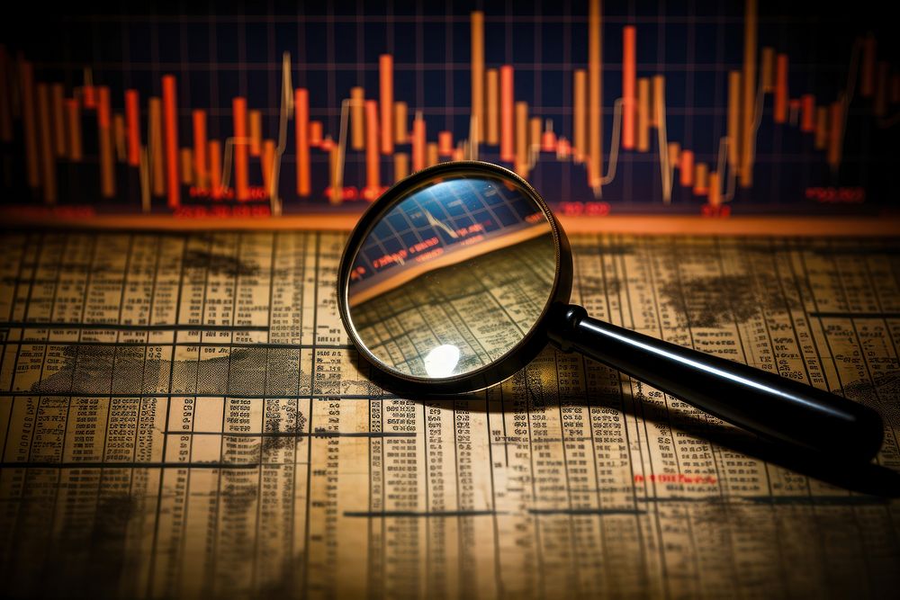 Magnifier analyzing and checking finance graphs investment reflection technology.