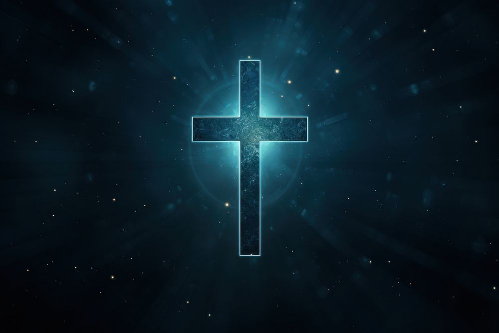 Christian cross on dark background futuristic symbol spirituality.