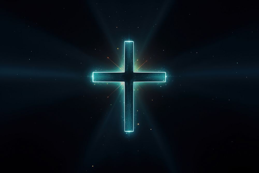 Christian cross on dark background technology futuristic symbol.