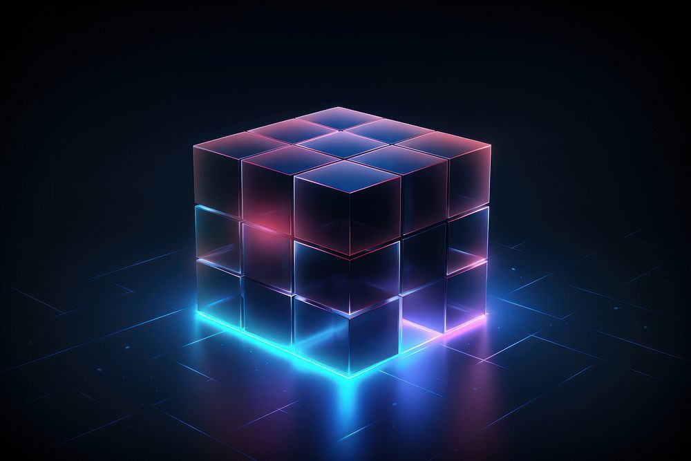 Isometric cube on dark background futuristic technology abstract.