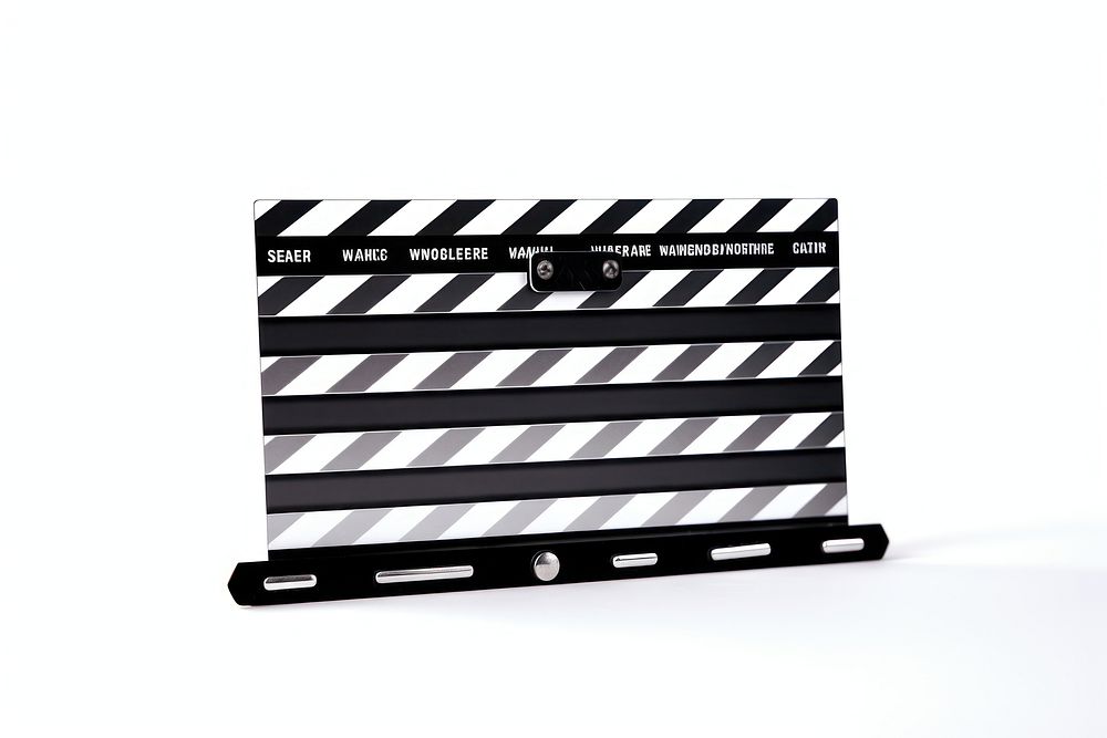 Camera clapperboard movie striped white background.