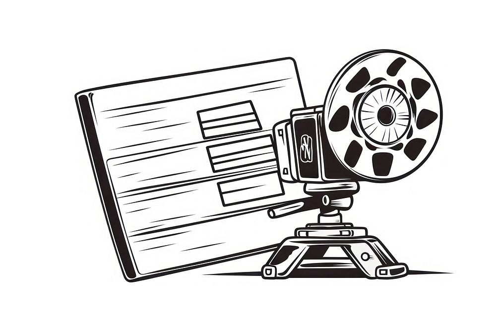 Camera clapperboard movie drawing white background.