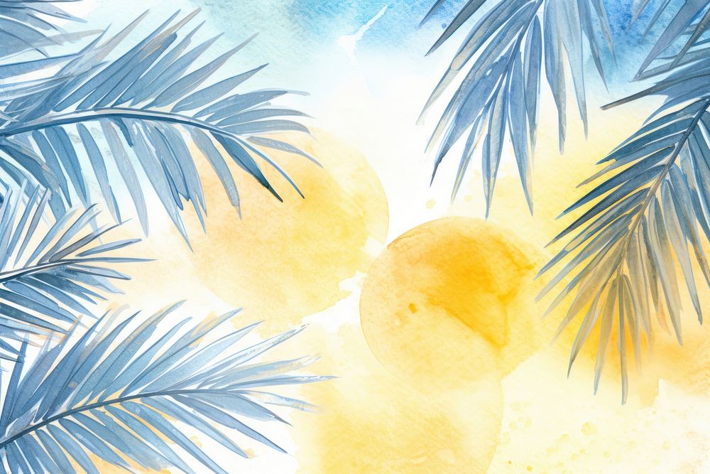 Palm leaves with sun watercolor background painting backgrounds outdoors.