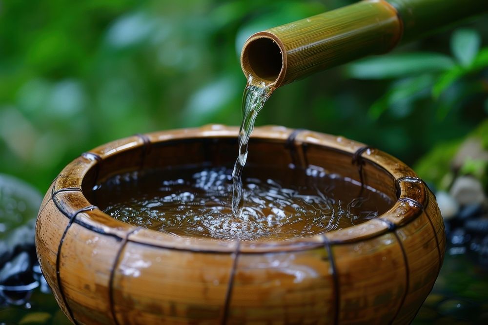 Bamboo water fountain refreshment container freshness.